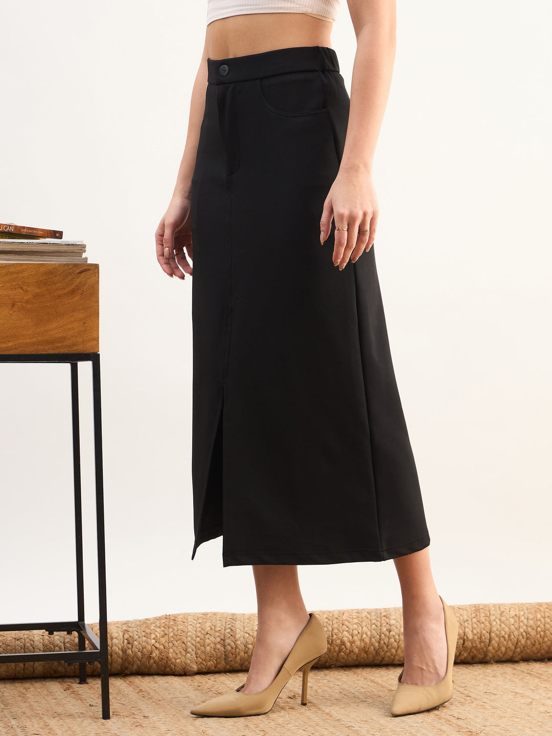 Women Black Front Slit Midi A Line Skirt