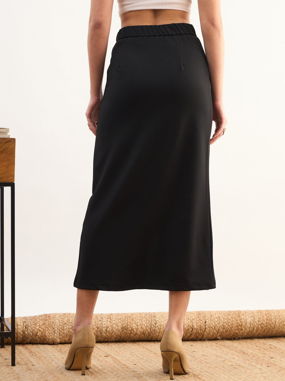 Women Black Front Slit Midi A Line Skirt