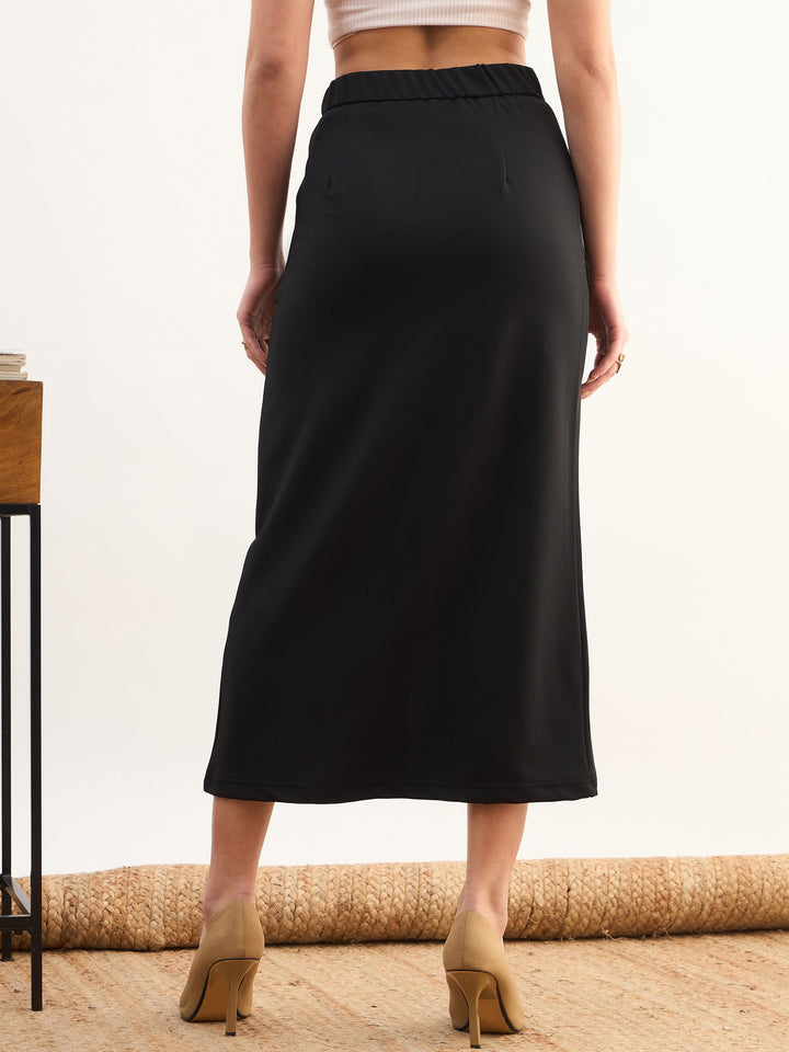 Women Black Front Slit Midi A Line Skirt