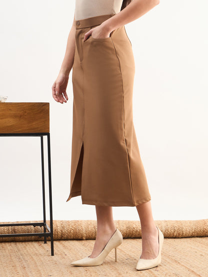 Women Tan Brown Front Slit Midi A Line Skirt