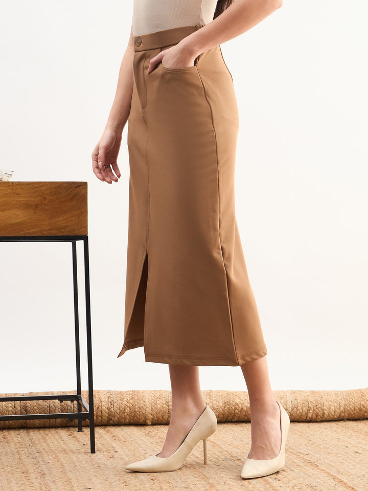 Women Tan Brown Front Slit Midi A Line Skirt
