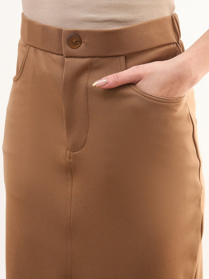 Women Tan Brown Front Slit Midi A Line Skirt