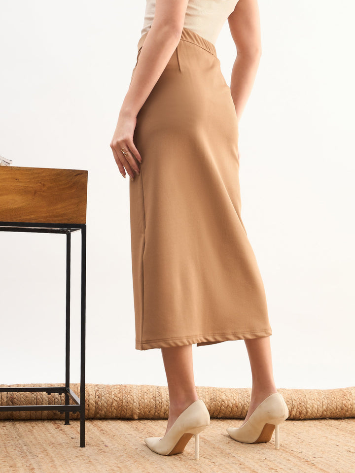 Women Tan Brown Front Slit Midi A Line Skirt