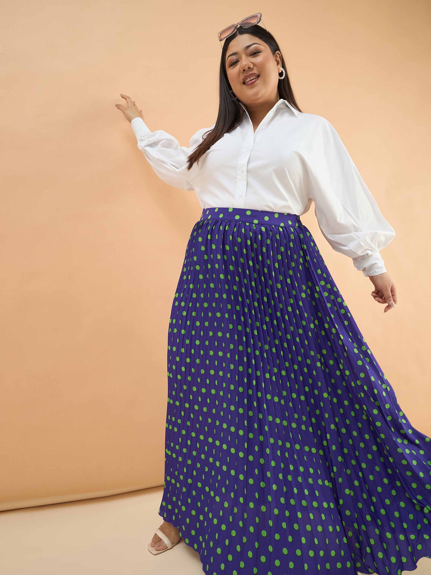 Purple Polka Dot Accordion Pleated Maxi Skirt