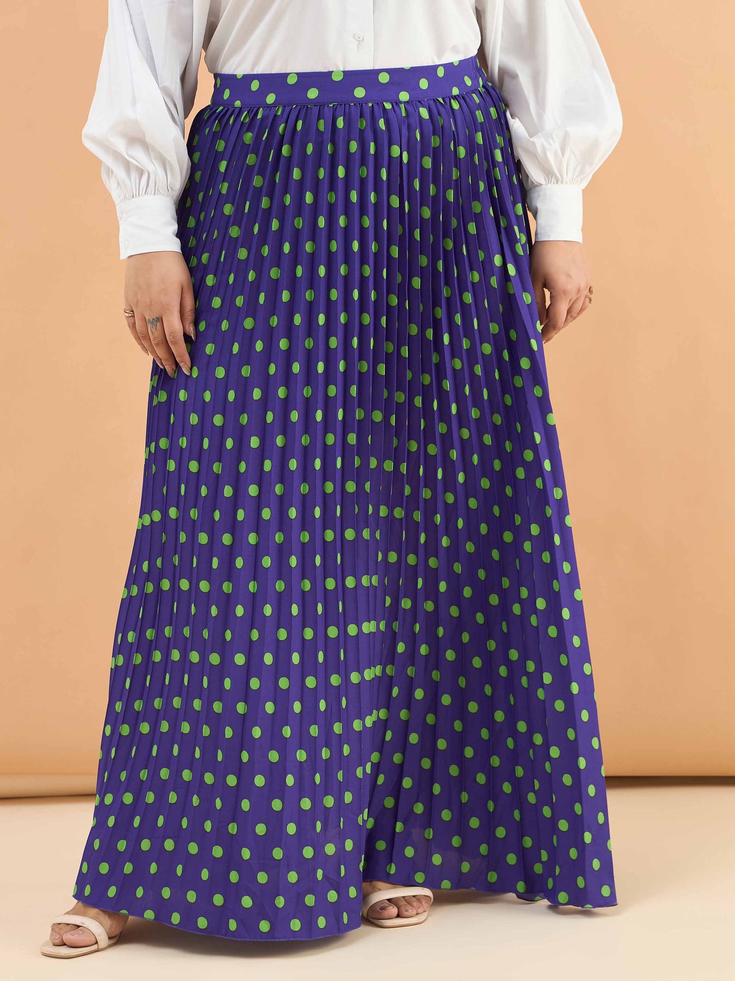 Purple Polka Dot Accordion Pleated Maxi Skirt