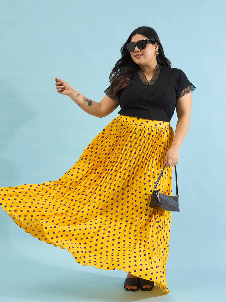 Yellow Polka Dot Accordion Pleated Maxi Skirt