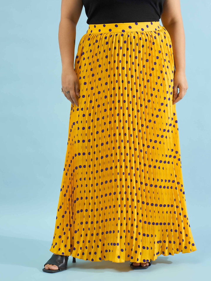 Yellow Polka Dot Accordion Pleated Maxi Skirt