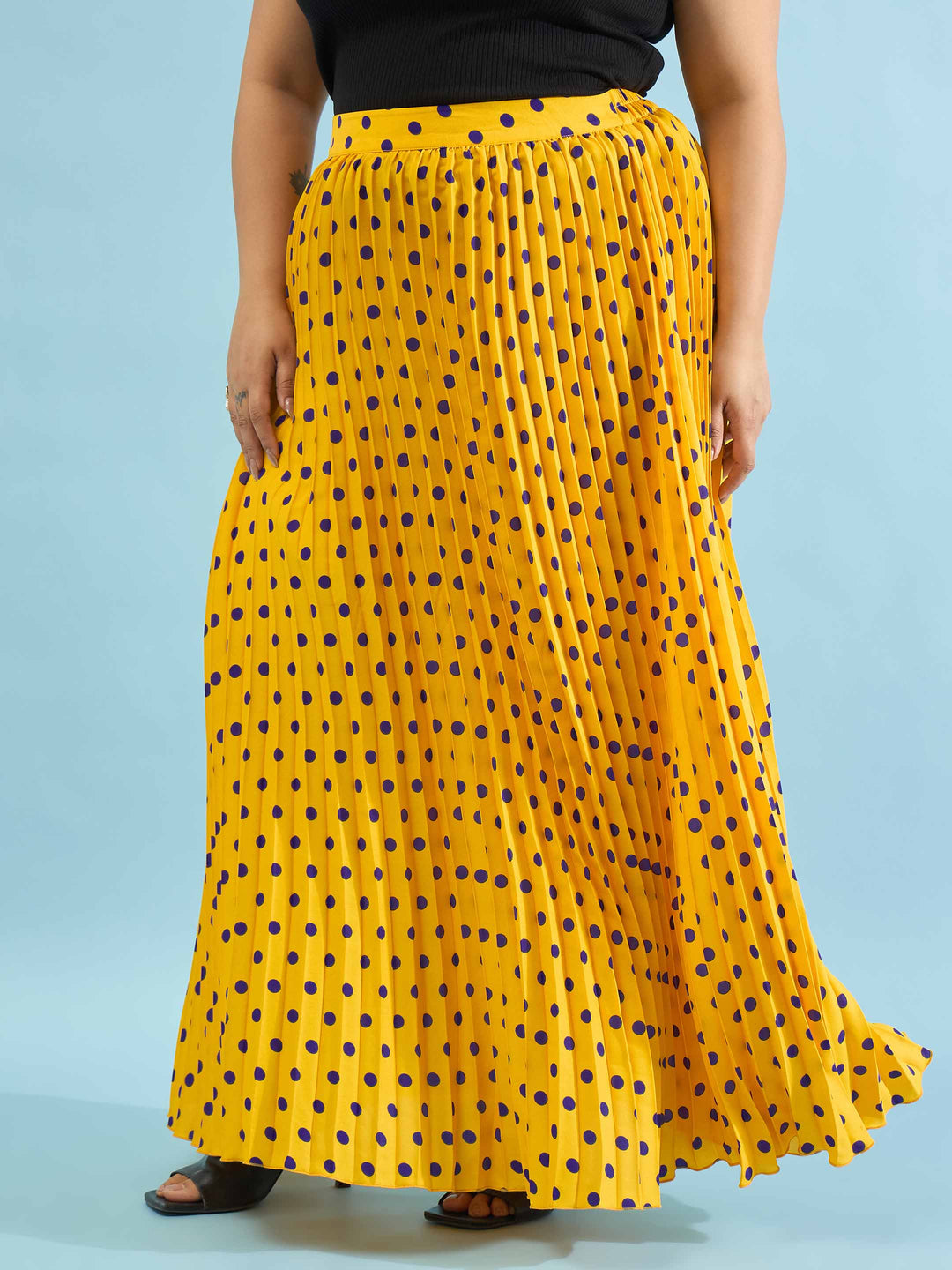 Yellow Polka Dot Accordion Pleated Maxi Skirt