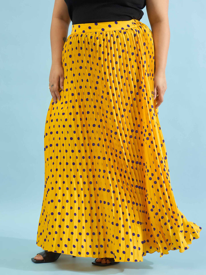 Yellow Polka Dot Accordion Pleated Maxi Skirt