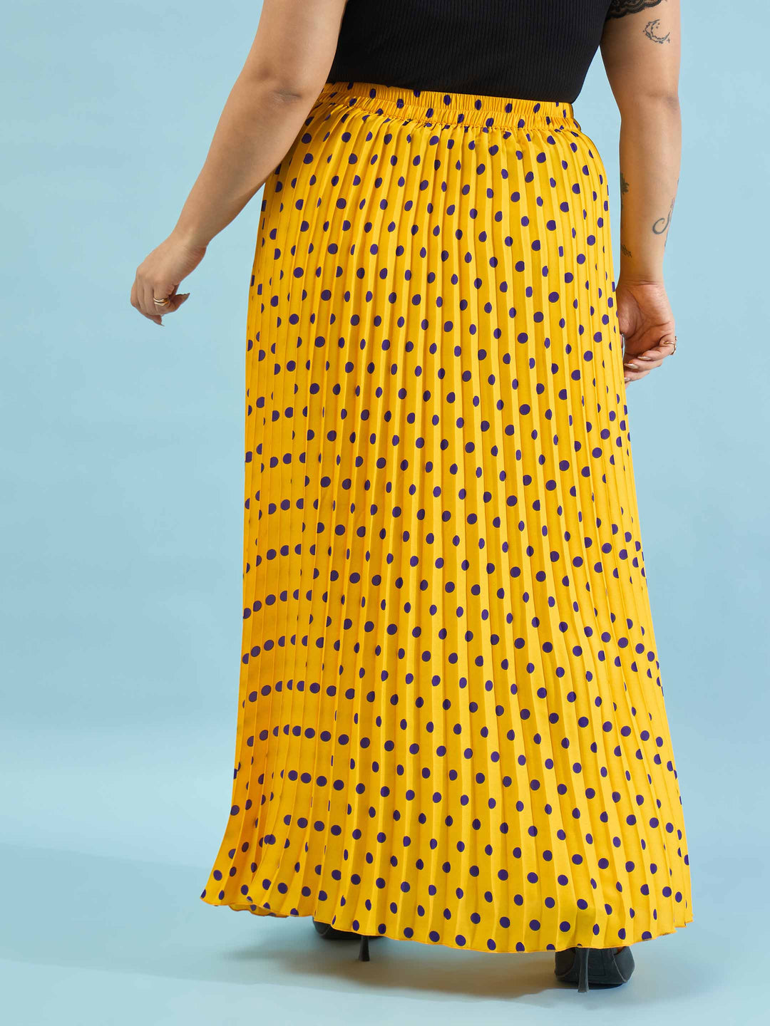Yellow Polka Dot Accordion Pleated Maxi Skirt
