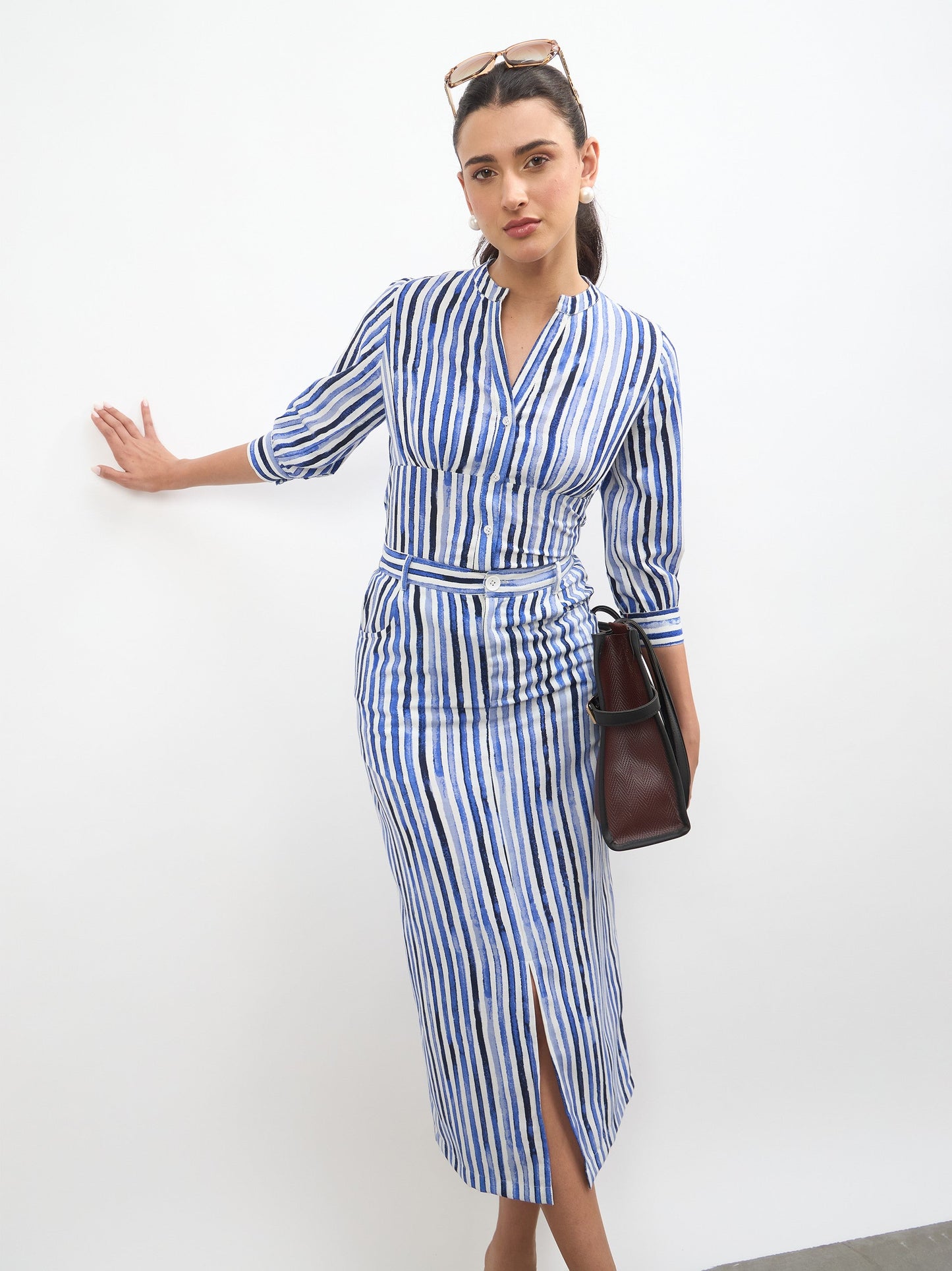 Blue Linen Striped Front Slit A-Line Midi Skirt