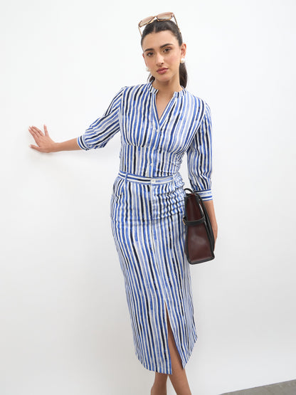 Blue Linen Striped Front Slit A-Line Midi Skirt