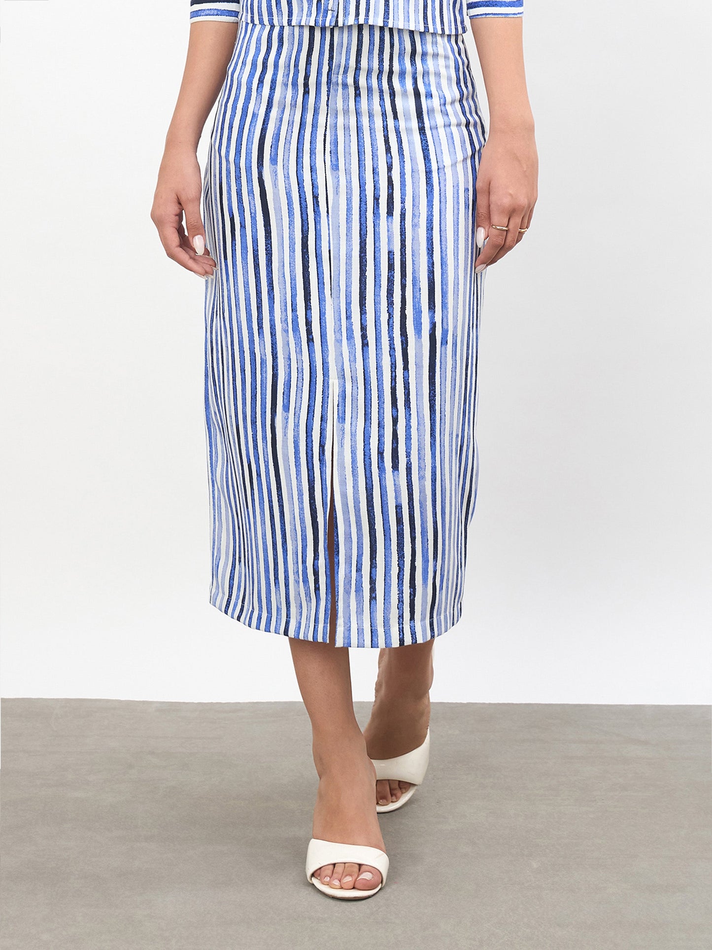 Blue Linen Striped Front Slit A-Line Midi Skirt