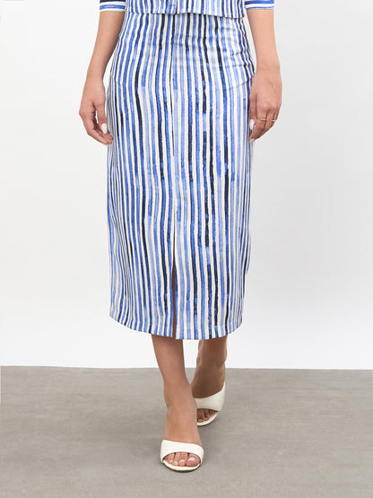 Blue Linen Striped Front Slit A-Line Midi Skirt
