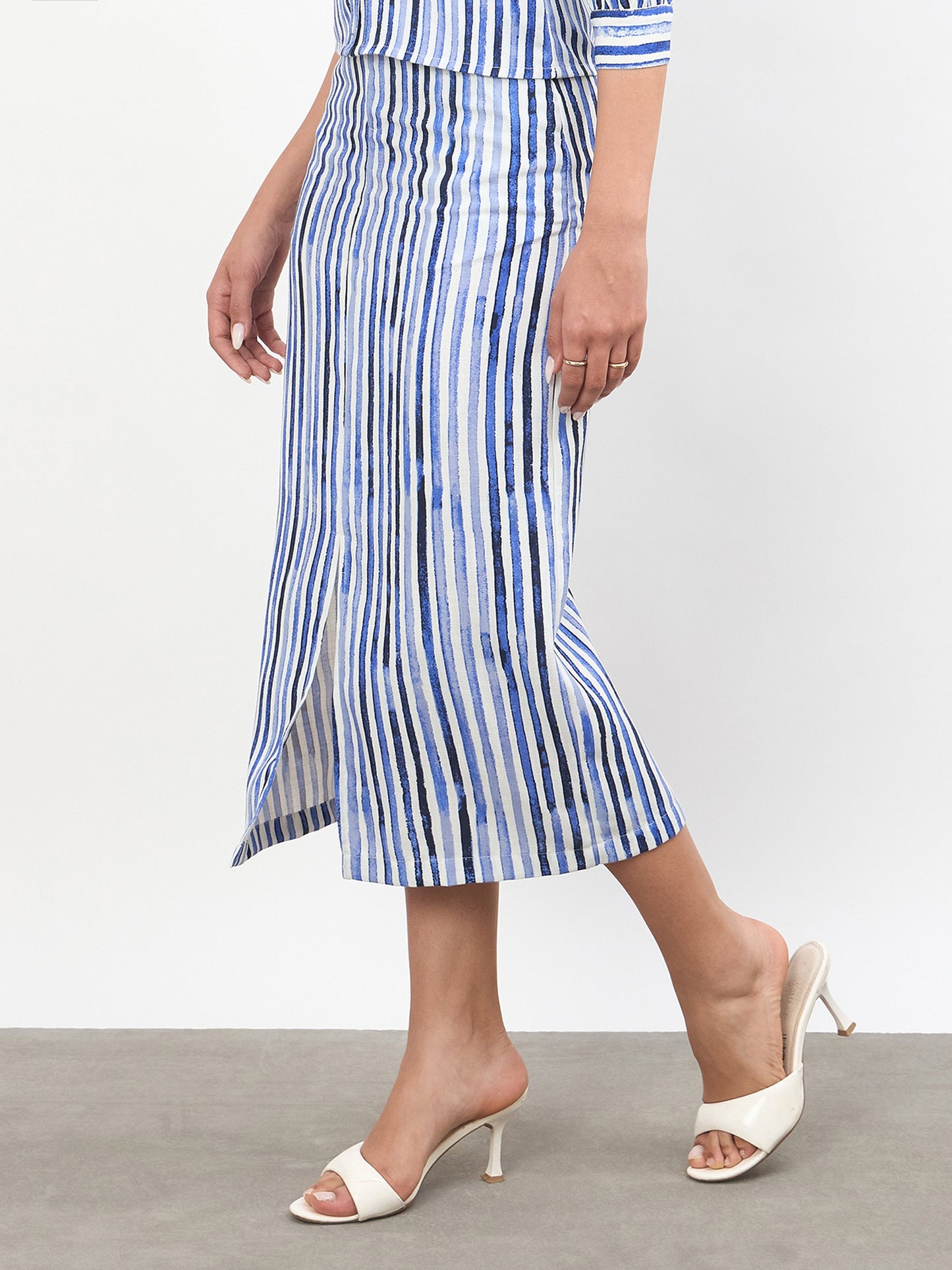 Blue Linen Striped Front Slit A-Line Midi Skirt