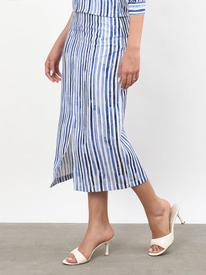 Blue Linen Striped Front Slit A-Line Midi Skirt