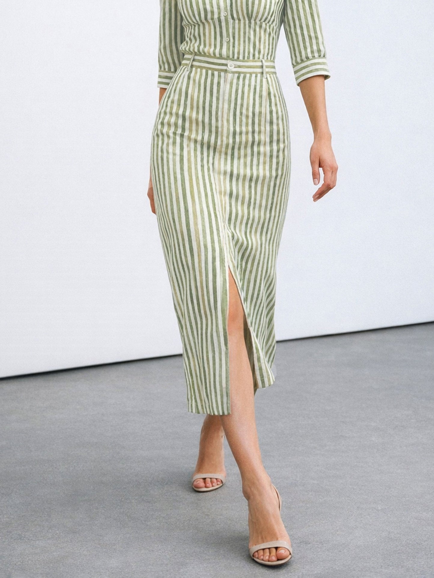 Green Linen Striped Front Slit A-Line Midi Skirt
