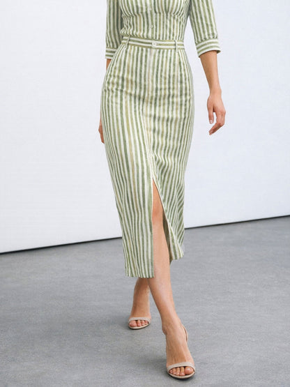Green Linen Striped Front Slit A-Line Midi Skirt
