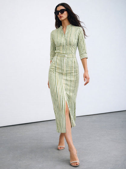 Green Linen Striped Front Slit A-Line Midi Skirt
