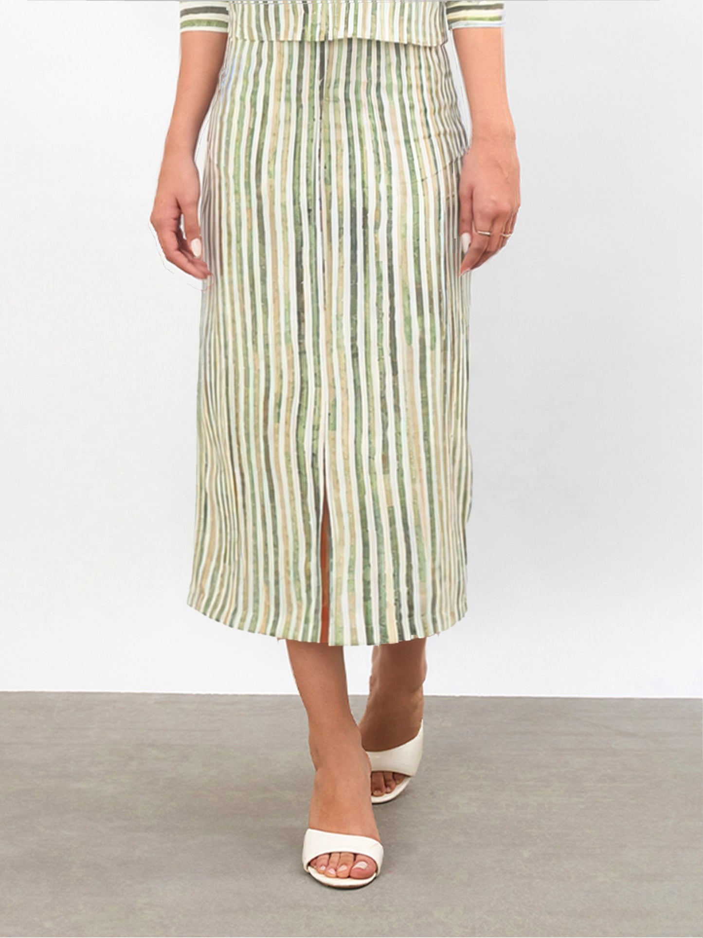 Green Linen Striped Front Slit A-Line Midi Skirt