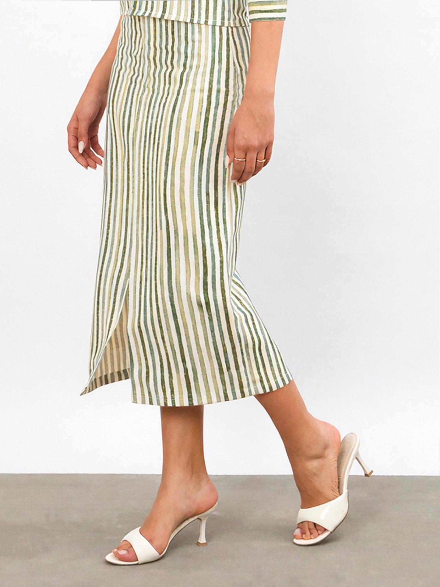Green Linen Striped Front Slit A-Line Midi Skirt