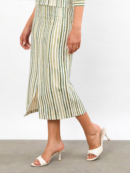 Green Linen Striped Front Slit A-Line Midi Skirt