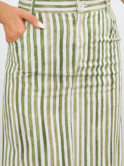Green Linen Striped Front Slit A-Line Midi Skirt