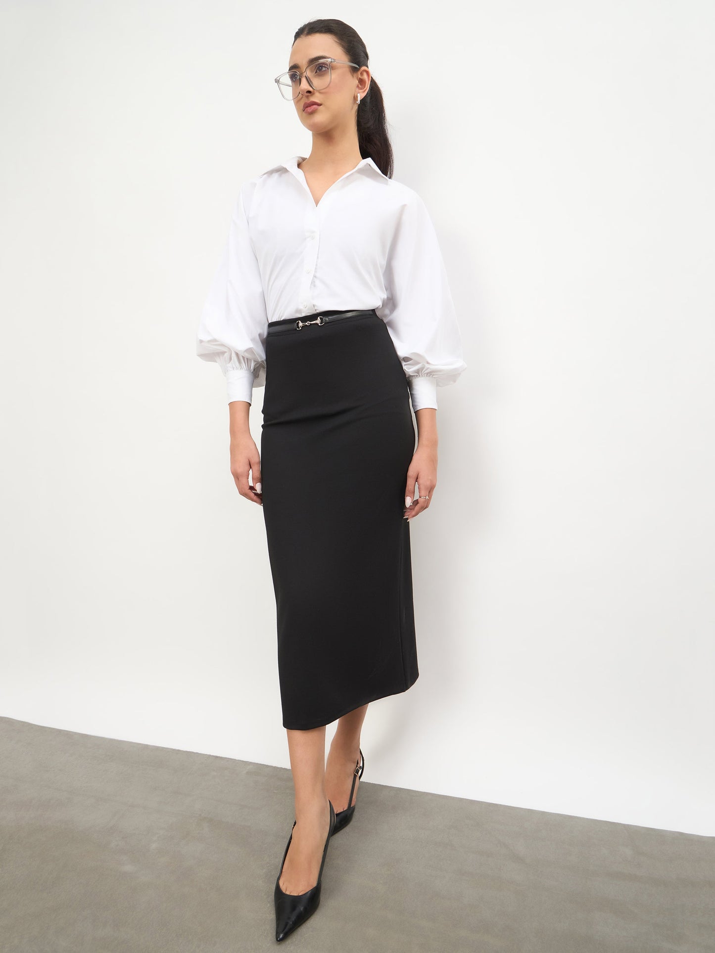 Black Front Metal Trim Back Slit Pencil Skirt