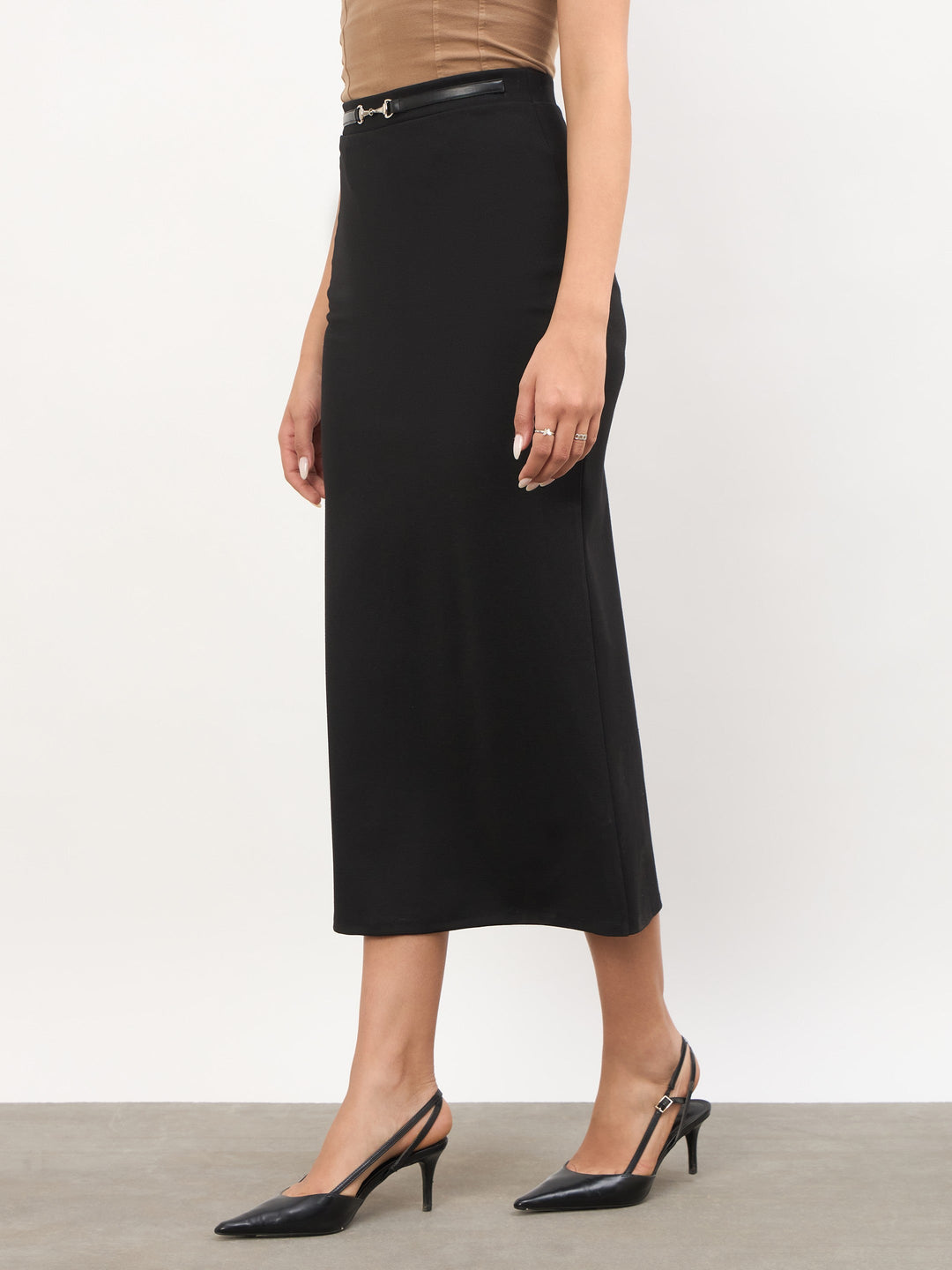 Black Front Metal Trim Back Slit Pencil Skirt