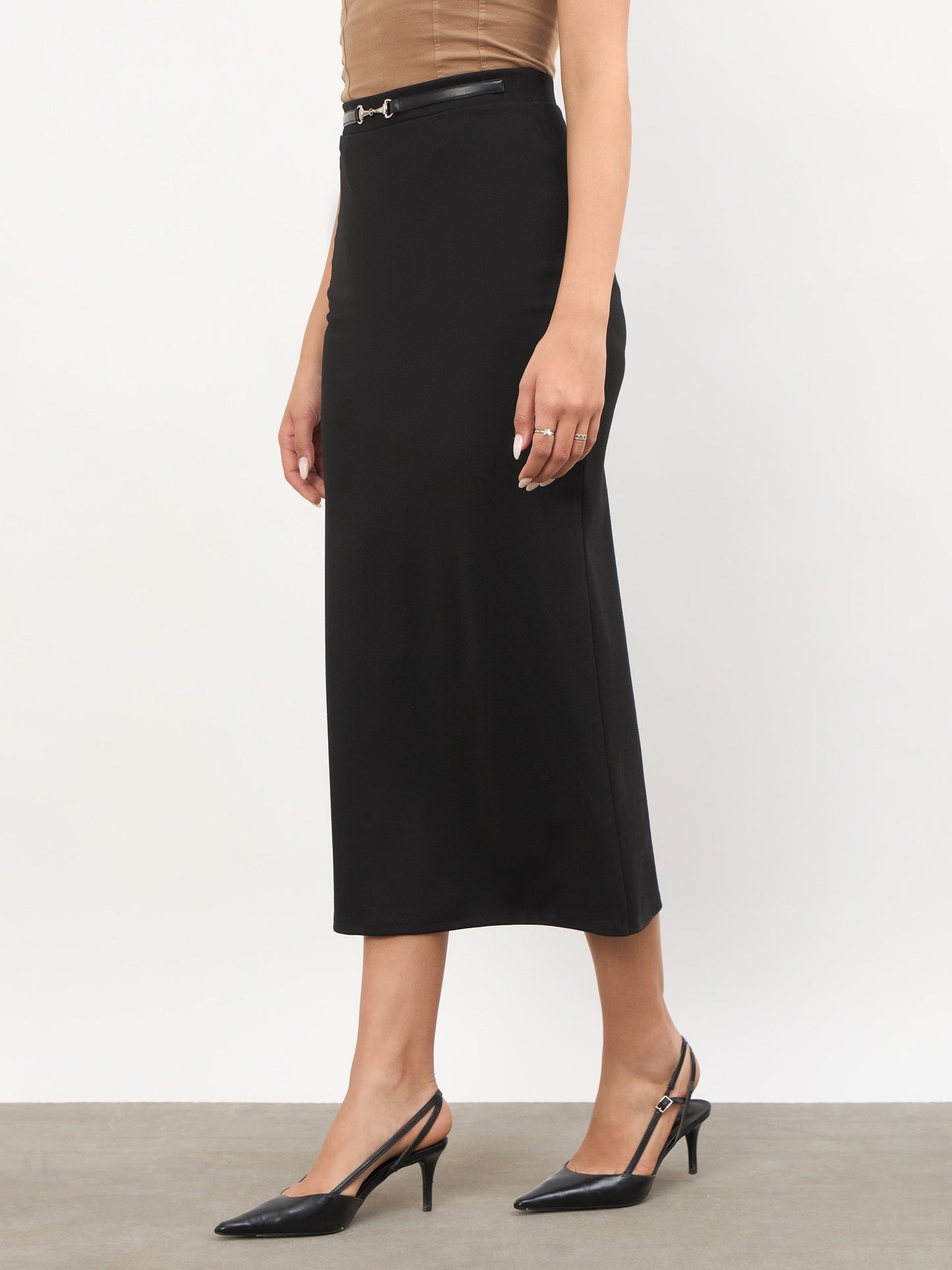 Black Front Metal Trim Back Slit Pencil Skirt