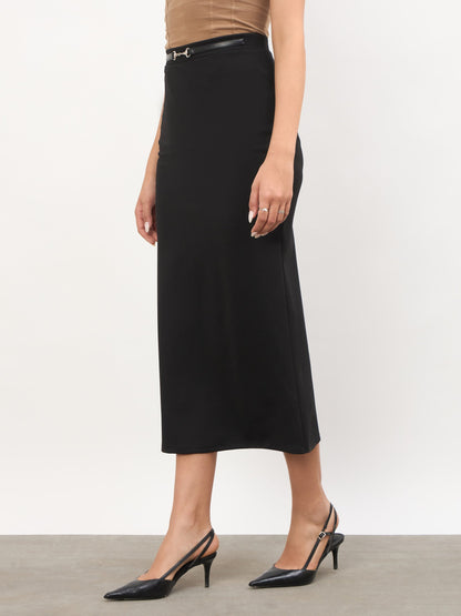 Black Front Metal Trim Back Slit Pencil Skirt