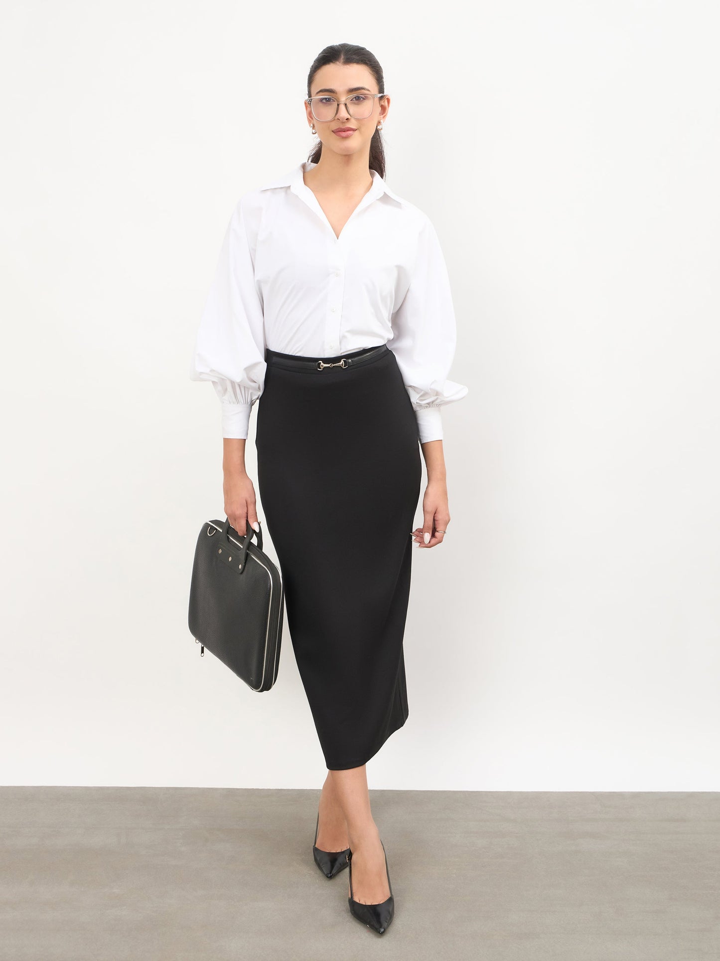 Black Front Metal Trim Back Slit Pencil Skirt
