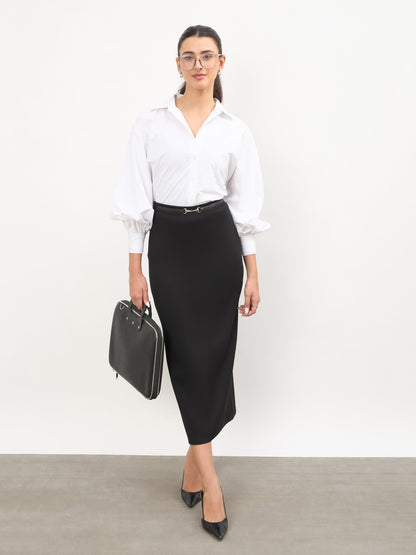 Black Front Metal Trim Back Slit Pencil Skirt