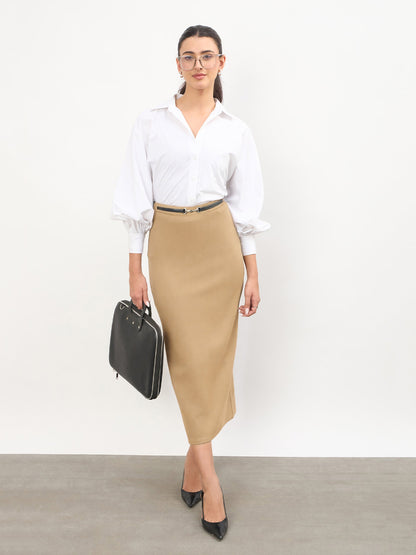 Brown Front Metal Trim Back Slit Pencil Skirt