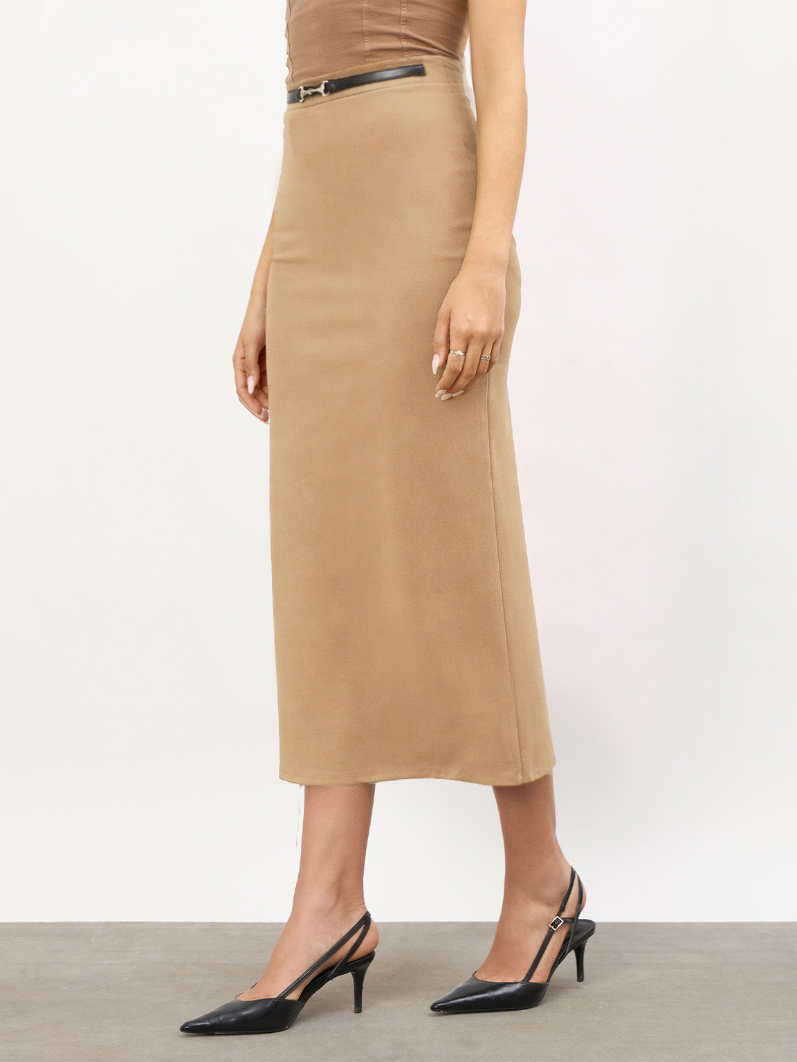 Brown Front Metal Trim Back Slit Pencil Skirt