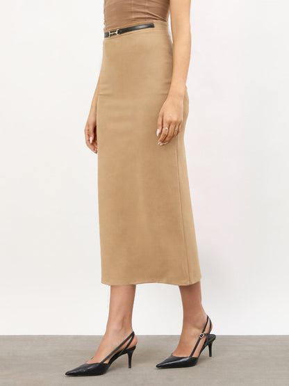 Brown Front Metal Trim Back Slit Pencil Skirt