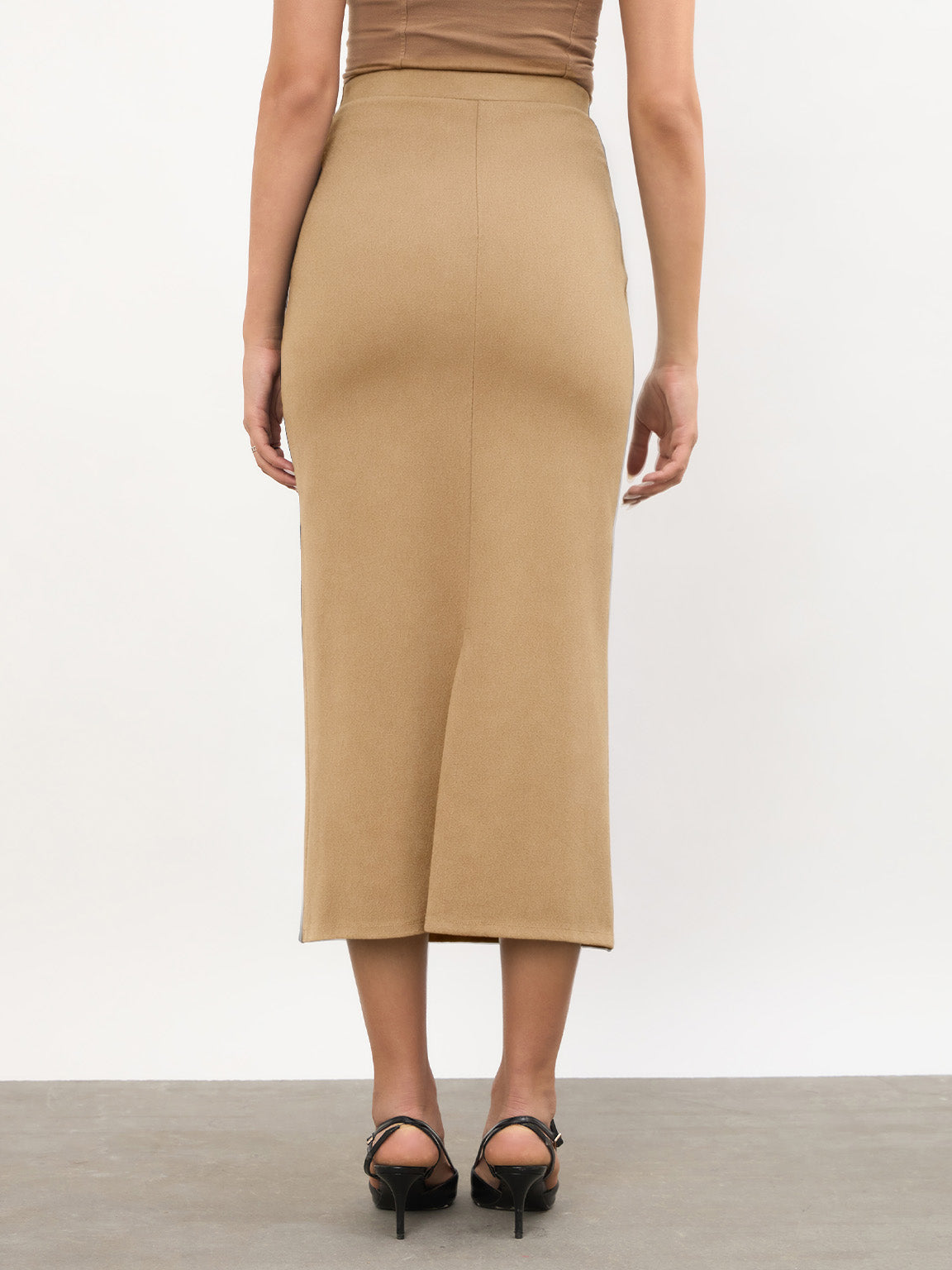 Brown Front Metal Trim Back Slit Pencil Skirt