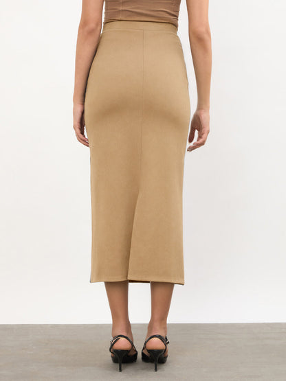 Brown Front Metal Trim Back Slit Pencil Skirt