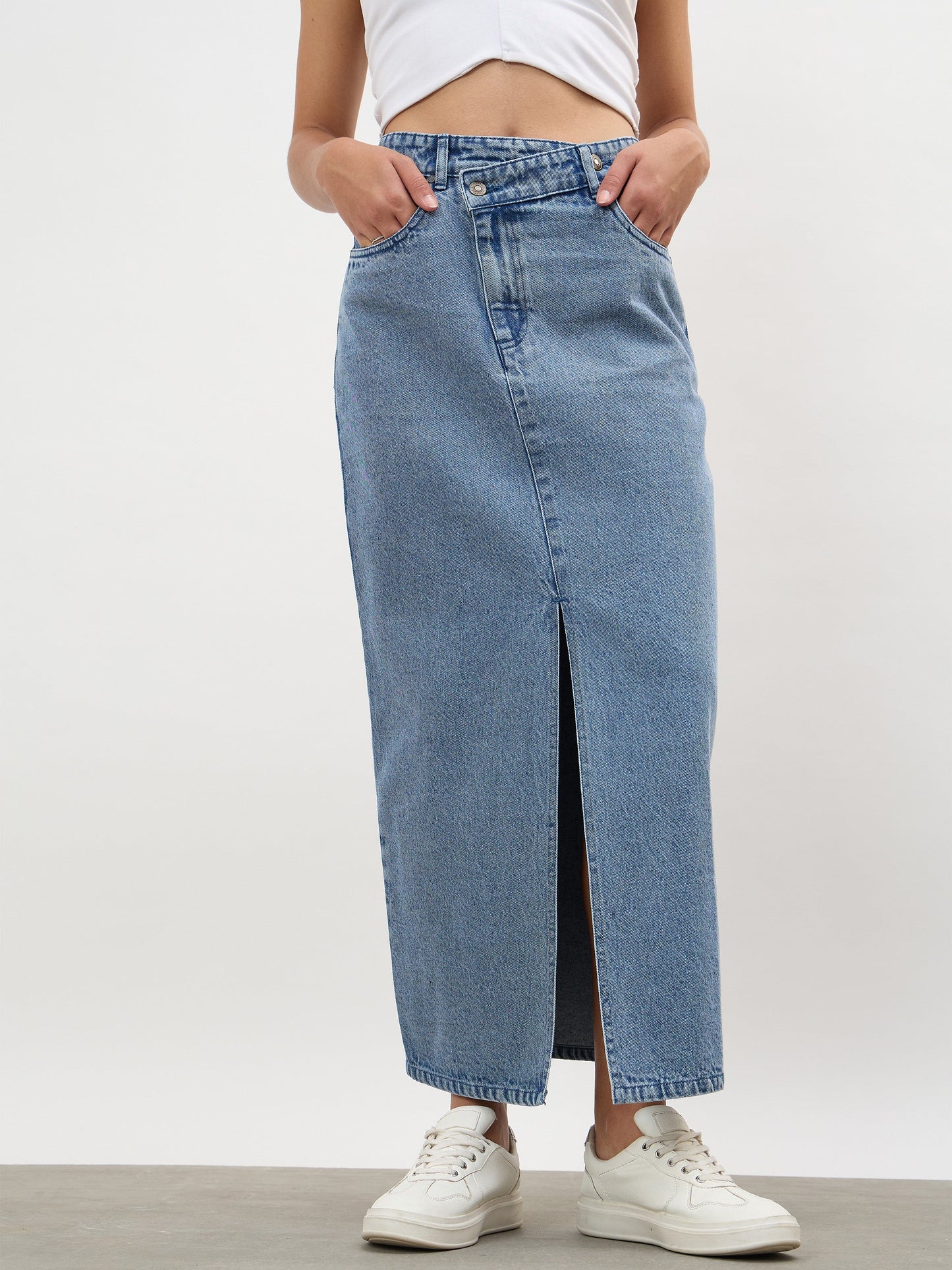Blue Blast Asymmetrical Waist Front Slit Maxi Skirt