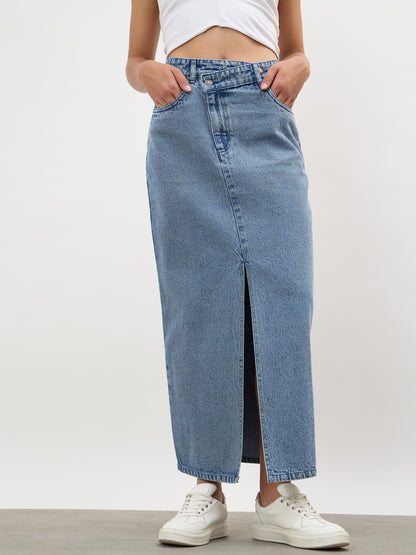 Blue Blast Asymmetrical Waist Front Slit Maxi Skirt