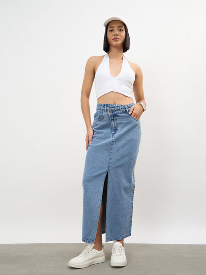 Blue Blast Asymmetrical Waist Front Slit Maxi Skirt