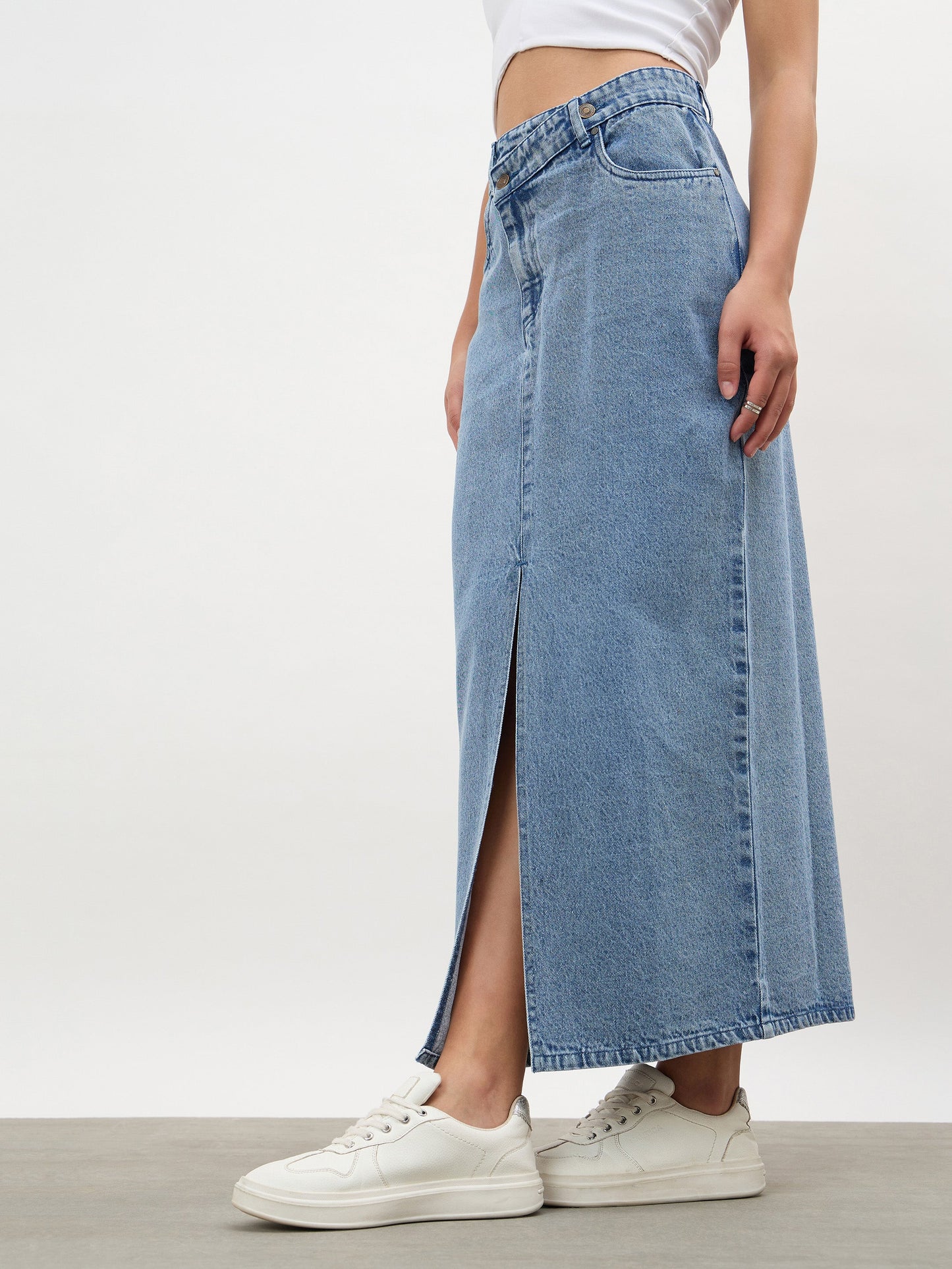 Blue Blast Asymmetrical Waist Front Slit Maxi Skirt