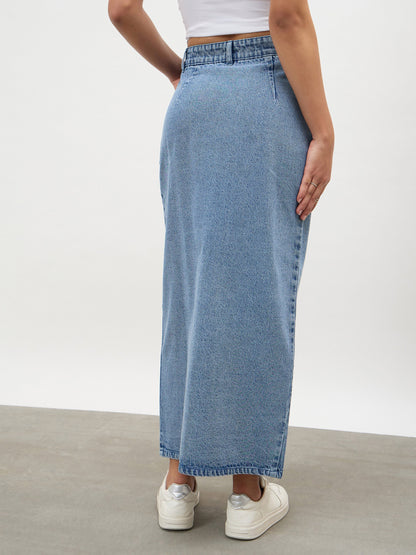 Blue Blast Asymmetrical Waist Front Slit Maxi Skirt
