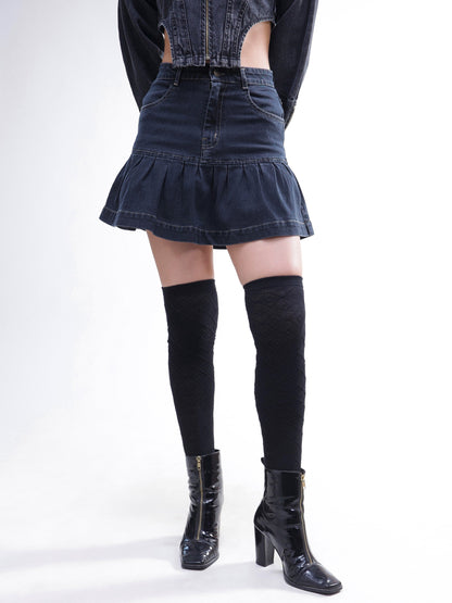 Women Black Wash Denim Pleated Mini Skirt