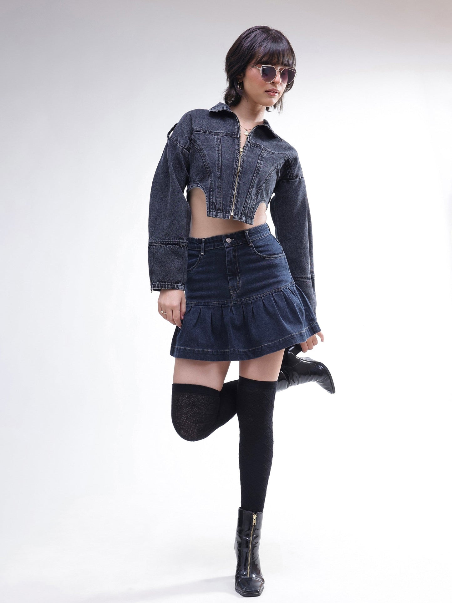 Women Black Wash Denim Pleated Mini Skirt