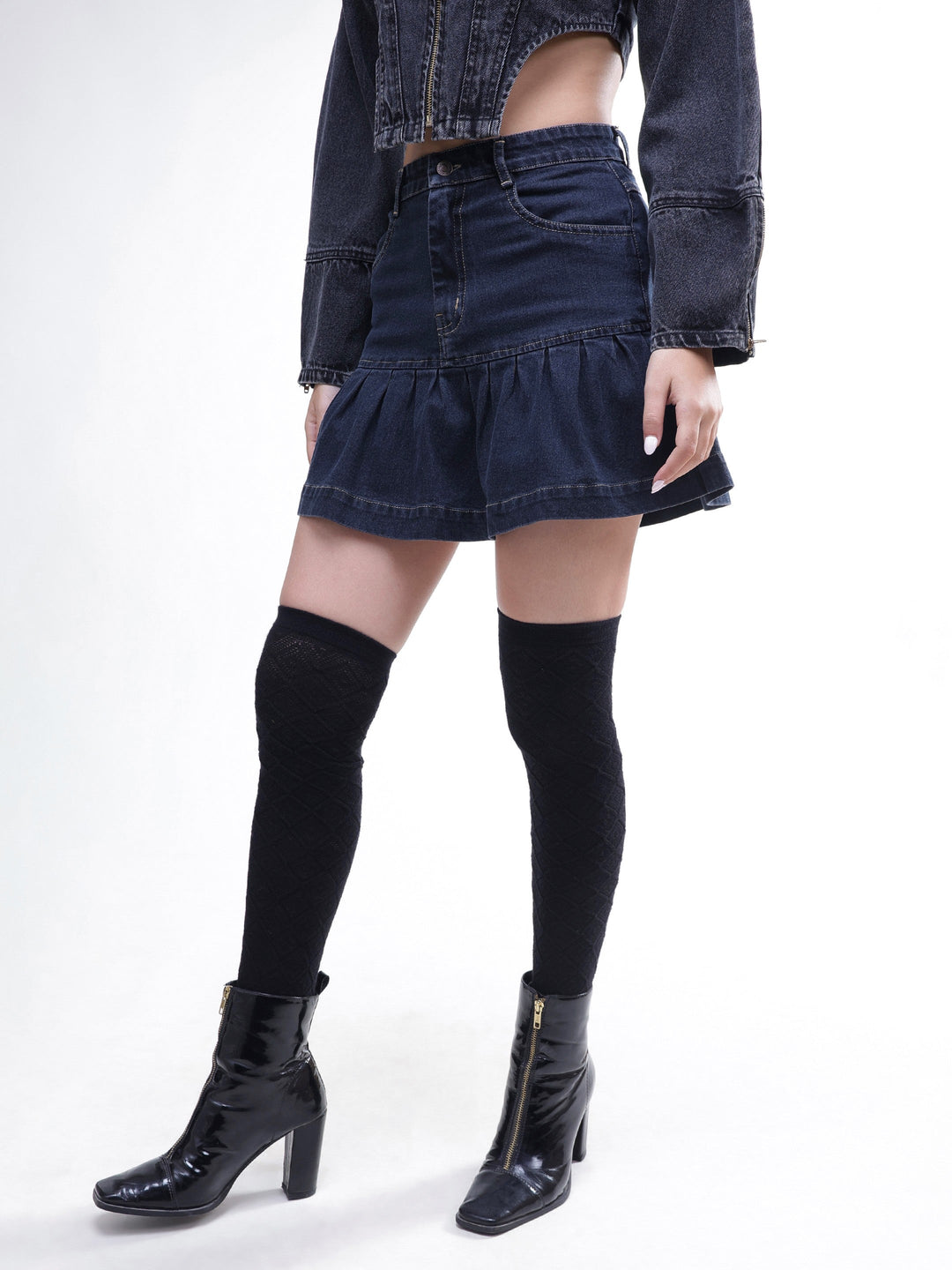 Women Black Wash Denim Pleated Mini Skirt