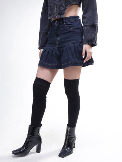Women Black Wash Denim Pleated Mini Skirt