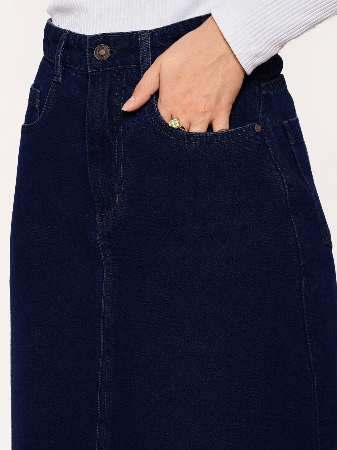 Women Navy Blue Denim Front Slit Midi Skirt