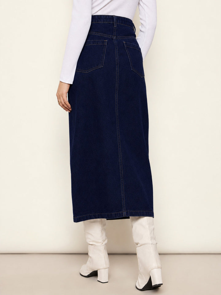 Women Navy Blue Denim Front Slit Midi Skirt