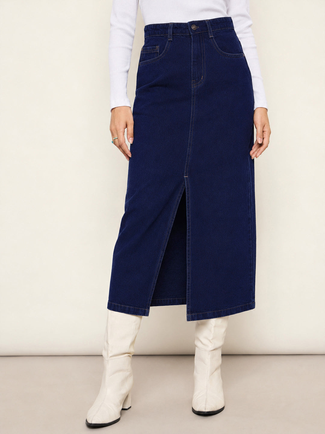 Women Navy Blue Denim Front Slit Midi Skirt